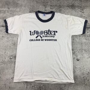 Wooster College Tennis Camp Ringer Shirt 80s Russell Athletic Large
